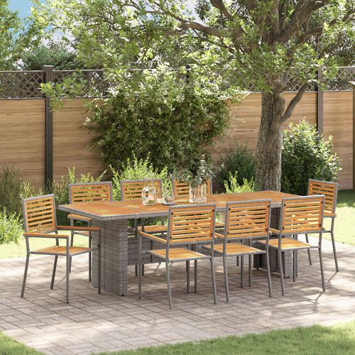 Ensemble De Salle À Manger De Jardin Vidaxl 9 Pièces Gris Poly Rattan Acacia, Chaises De Jardin Empilables Vidaxl Avec Coussins 2 Pcs Gris Poly Rattan