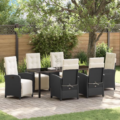 Ensemble De Salle À Manger De Jardin 7 Pièces Avec Coussins En Rotin Noir, Table De Jardin Vidaxl Noire 200x80x73 Cm En Verre Trempé
