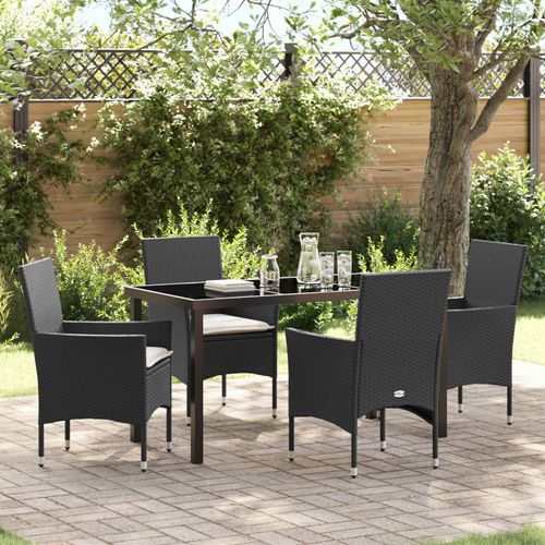 Vidaxl Ensemble Salle À Manger Jardin 5 Pièces Avec Coussins Rattan Poly Noir, Table Jardin Vidaxl Noir 140x80x73 Cm Verre Trempé