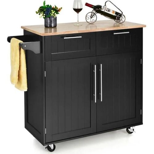 Costway Desserte/Chariot De Cuisine À Roulettes - 94x45x94,5 Cm - 2 Tiroirs - 2 Portes - Porte-Serviettes - Ilot De Cuisine - Noir