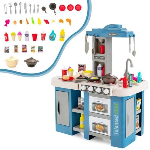 COSTWAY Cuisine Enfants 67 Accessoires de Dinettes - Effect Son, Lumières, Vapeur et Ebullition pour 3 ans+ Bleu
