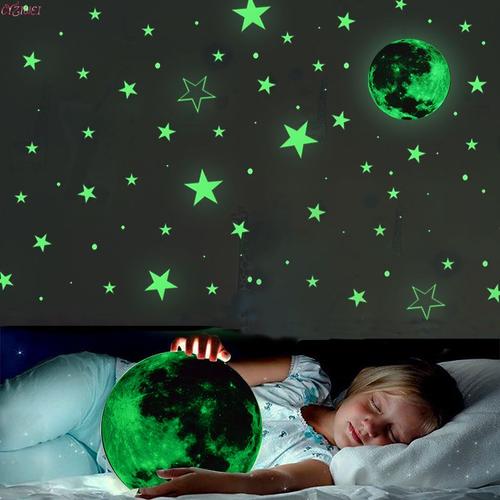 Grand autocollant mural lumineux 3D lune étoiles points, lueur dans la nuit bébé pépinière enfants chambre, décoration écologique bricolage