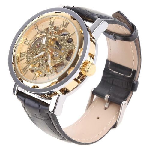 Homme Classique Cuir Noir Or Cadran Squelette Mécanique Armée Sport Montre-Bracelet