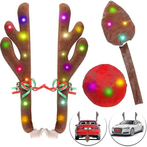 Bois de renne pour voitures, Kit de voiture de bois de Noël de renne avec lumières LED, Kit de voiture de renne