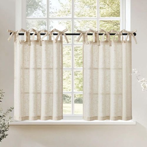 Shiba-Rideau Brise-Bise Cuisine Ecru Lin Translucide Avec Nouettes, Petit Rideau Court Pour Fenêtre De Cuisine, Porte-Balcon, Cara[1
