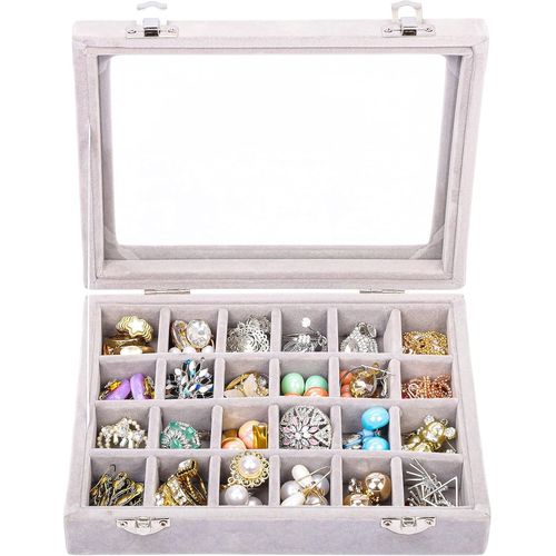 Shiba-Boite A Bijoux Et Bagues En Velours Gris (24 Sections) ¿ L20,2 X L15,1 X H4,6 Cm - Boîte À Bijoux Avec Compartiments Et Couv[3