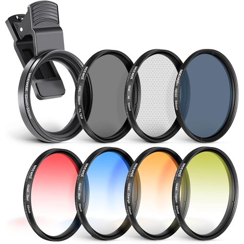 NEEWER Kit de Filtre 55mm avec Clip pour Objectif de Phone, CPL, ND32, Filtre étoilé 6 Points, filtres gradués (4 Couleurs), Compatible avec iPhone 16 15 14 Pro Max 14 13 12 11