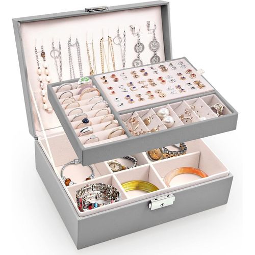 Shiba-Boite A Bijoux Femme Fille, Boîte À Bijoux Vuir Pu 2 Couches Verrouillable Pour Colliers, Boucles D'oreilles, Bracelets (Gri[2