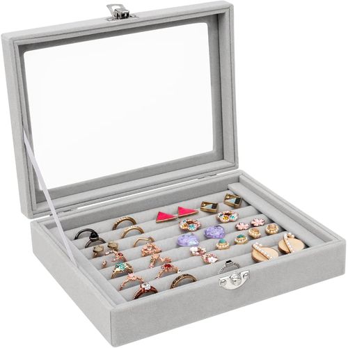 Shiba-7 Fentes Boîte De Rangement En Velours Avec Clair Couvercle, Velours Plateau De Presentoir Bijoux Pour Bague, Boite Vitrée D[3