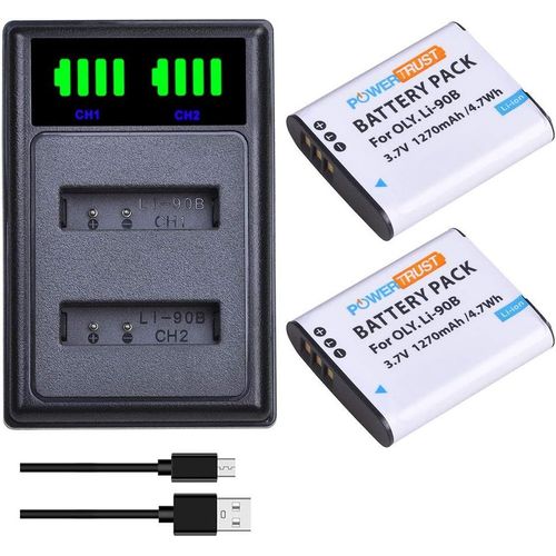 Lot de 2 batteries Li-90B Li-92B + double chargeur LED pour appareils photo OlympusTough TG-5, Tough TG-4, TG-6, TG-3, TG-2 iHS, SH-1, SH-2, SH-3, Ricoh GR iii
