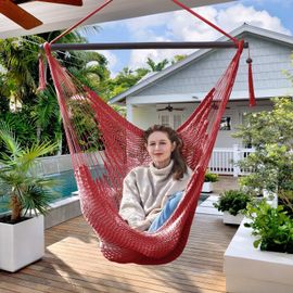 Caribbean Siège Suspendu Chaise Hamac Pivotante Avec Barre D'écartement, Grande Chaise Hamac, Chaise Suspendue En Corde Artisanale Pour Extérieur, Intérieur, Capacité De 150 Kg, Rouge