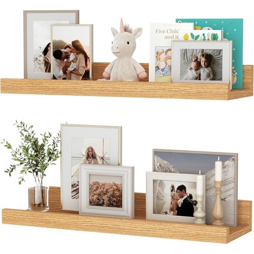 Lbgwp60-Lot De 2 Étagères Flottantes En Chêne Naturel De 40 Cm, Étagère Murale En Bois Pour Salon, Cuisine, Chambre À Coucher, Salle De Bain, Photo, Organisation De La Maison Et Décoration Murale