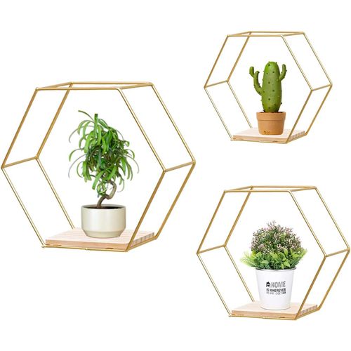 Lbgwp60-Ensemble De 3 Étagères Murales Hexagonales, Étagères Flottantes, Étagères Suspendues En Métal Et Bois Pour Chambre Salle De Bain Salon Cuisine, Rangement De Buanderie Et Décoration Murale(Or)