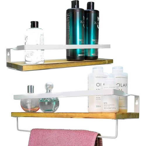 Lbgwp60-Lot De 2 Étagères Murales Laquées En Pin Noble, Idéales Pour Ranger Et Décorer/Étagère De Cuisine/Étagère De Salle De Bain Résistante À La Chaleur Et À L'humidité (Marron 2 - Cadre Blanc)