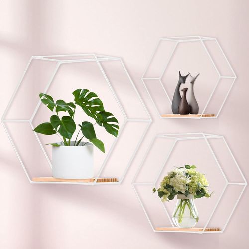Lbgwp60-Lot De 3 Étagères Murales Hexagonales En Métal Blanc Pour Décoration Murale Dans Le Salon, La Chambre À Coucher, La Salle De Bain, Le Café Et L'hôtel