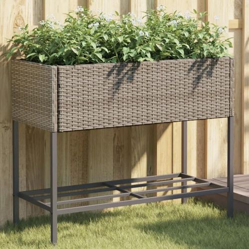 Prolenta Premium - Jardinière Avec Étagère Gris Résine Tressée