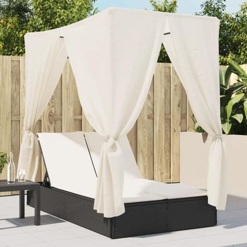 Prolenta Premium - Chaise Longue Double Avec Toit Et Rideaux Noir Résine Tressée