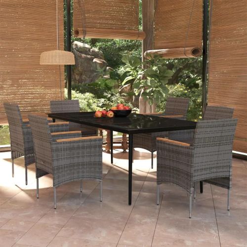 Prolenta Premium - Ensemble À Manger De Jardin Coussins 7pcs Gris Et Noir