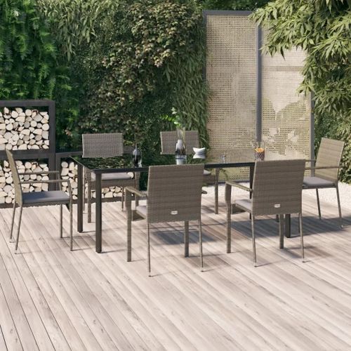 Prolenta Premium - Ensemble À Manger Jardin Et Coussins 7 Pcs Noir Et Gris Rotin