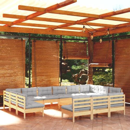 Prolenta Premium - Salon De Jardin 14 Pcs Avec Coussins Gris Bois De Pin Solide