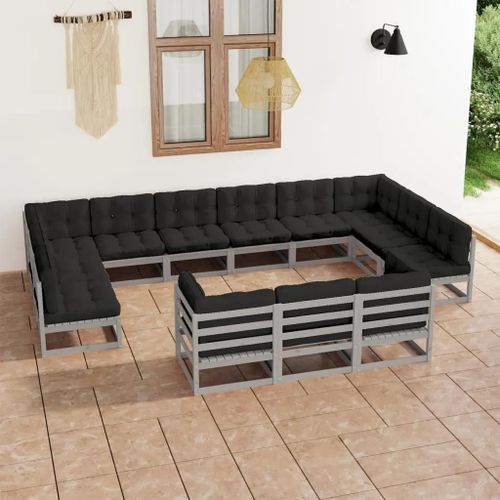 Prolenta Premium - Salon De Jardin 13 Pcs Avec Coussins Gris Bois De Pin Massif