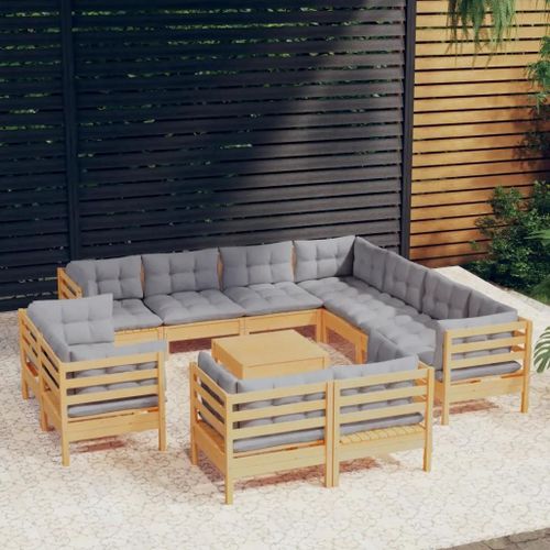 Prolenta Premium - Salon De Jardin 12 Pcs Avec Coussins Gris Bois De Pin Massif