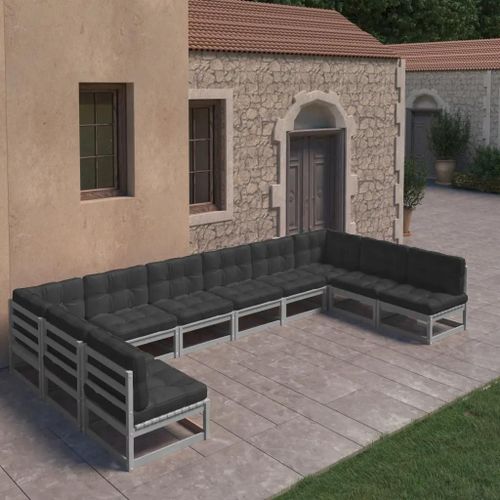 Prolenta Premium - Salon De Jardin 10 Pcs Avec Coussins Gris Bois De Pin Massif