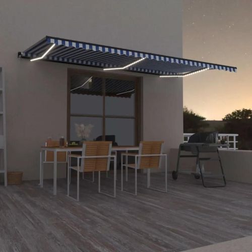 Prolenta Premium - Auvent Manuel Rétractable Avec Led 600x350 Cm Bleu Et Blanc