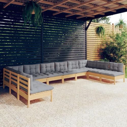 Prolenta Premium - Salon De Jardin 10 Pcs Avec Coussins Gris Bois De Pin Massif