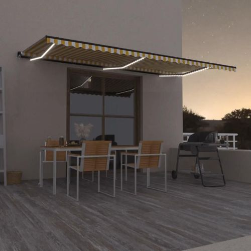 Prolenta Premium - Auvent Manuel Rétractable Avec Led 600x350 Cm Jaune Et Blanc