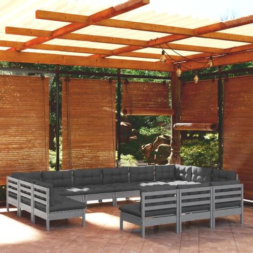 Prolenta Premium - Salon De Jardin 13 Pcs Avec Coussins Gris Bois De Pin Solide