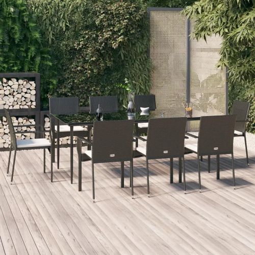 Prolenta Premium - Ensemble À Manger Jardin 9pcs Et Coussins Noir Résine Tressée