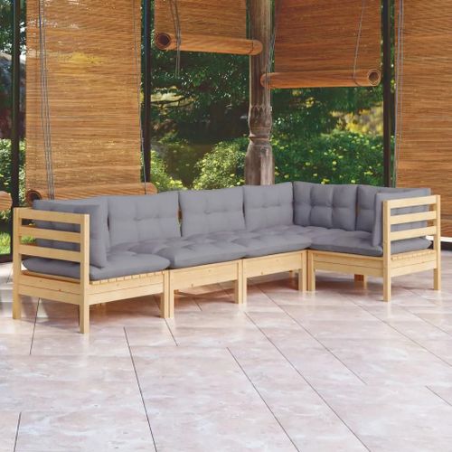 Prolenta Premium - Salon De Jardin 5 Pcs Avec Coussins Gris Bois De Pin