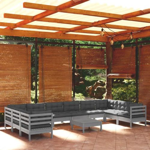 Prolenta Premium - Salon De Jardin 11 Pcs Avec Coussins Gris Bois De Pin