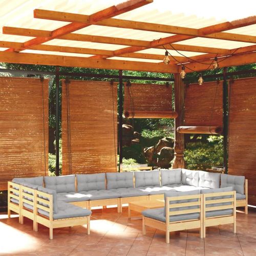 Prolenta Premium - Salon De Jardin 13 Pcs Avec Coussins Gris Bois De Pin Solide