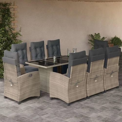 Prolenta Premium - Ensemble À Manger De Jardin Et Coussins 9 Pcs Gris Clair Rotin
