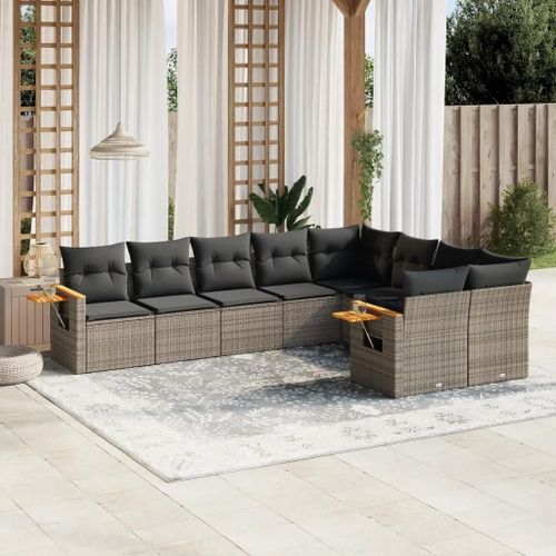 Prolenta Premium - Salon De Jardin 9 Pcs Avec Coussins Gris Résine Tressée
