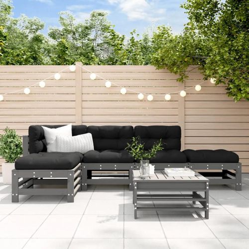 Prolenta Premium - Salon De Jardin 6 Pcs Avec Coussins Gris Bois Massif