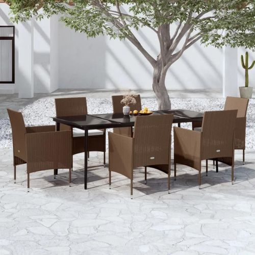 Prolenta Premium - Ensemble À Manger De Jardin Coussins 7 Pcs Marron/Noir