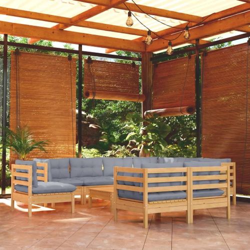 Prolenta Premium - Salon De Jardin 10 Pcs Avec Coussins Gris Bois De Pin Massif