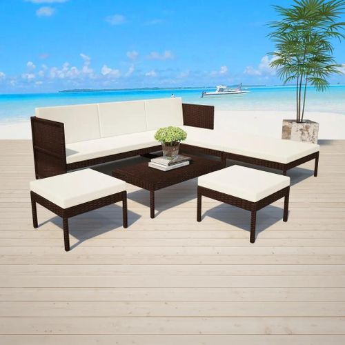 Prolenta Premium - Salon De Jardin 6 Pcs Avec Coussins Résine Tressée Marron