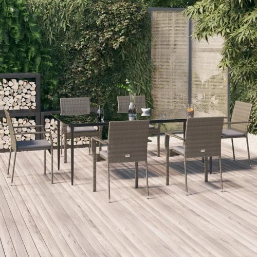 Prolenta Premium - Ensemble À Manger Jardin Et Coussins 7 Pcs Noir Et Gris Rotin