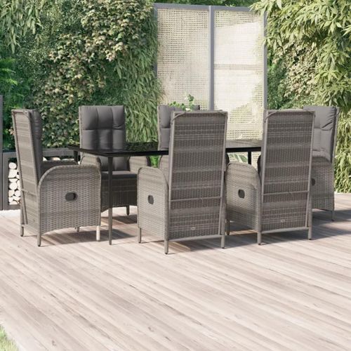 Prolenta Premium - Ensemble À Manger Jardin Et Coussins 7 Pcs Noir Et Gris Rotin