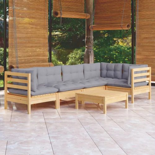 Prolenta Premium - Salon De Jardin 6 Pcs Avec Coussins Gris Bois De Pin