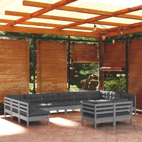 Prolenta Premium - Salon De Jardin 12 Pcs Avec Coussins Gris Bois De Pin Massif