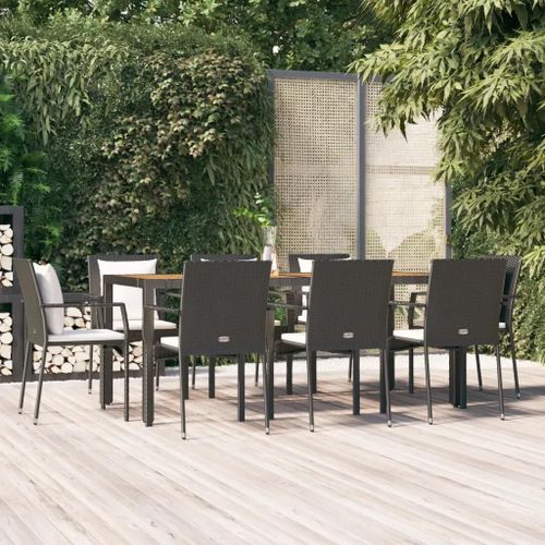 Prolenta Premium - Ensemble À Manger Jardin 9pcs Et Coussins Noir Résine Tressée
