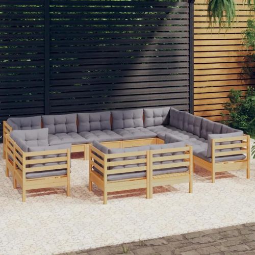 Prolenta Premium - Salon De Jardin 12 Pcs Avec Coussins Gris Bois De Pin Massif