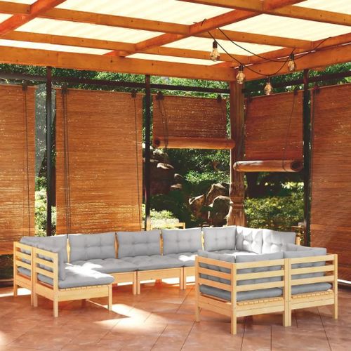 Prolenta Premium - Salon De Jardin 9 Pcs Avec Coussins Gris Bois De Pin Massif