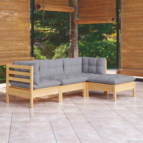 Prolenta Premium - Salon De Jardin 4 Pcs Avec Coussins Gris Bois De Pin
