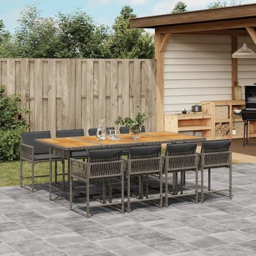 Prolenta Premium - Ensemble À Manger De Jardin 9 Pcs Coussins Gris Résine Tressée